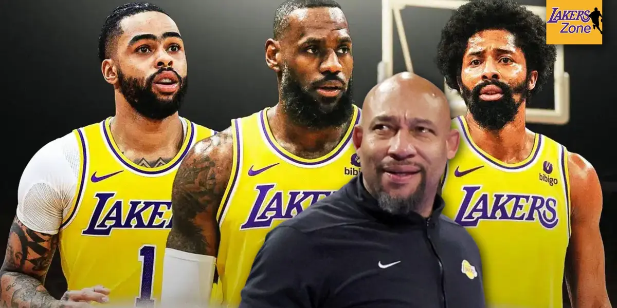 D'Angelo Russell, LeBron James, Spencer Dinwiddie and HC Darvin Ham